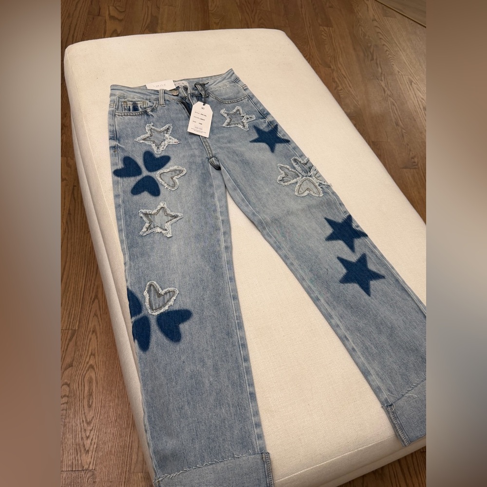 Saige Blue Star and Heart Embroidered Women Jeans